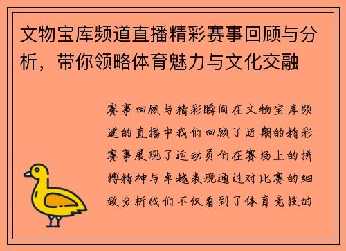文物宝库频道直播精彩赛事回顾与分析，带你领略体育魅力与文化交融