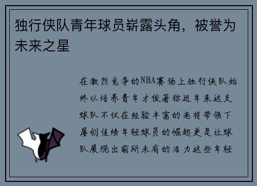 独行侠队青年球员崭露头角，被誉为未来之星