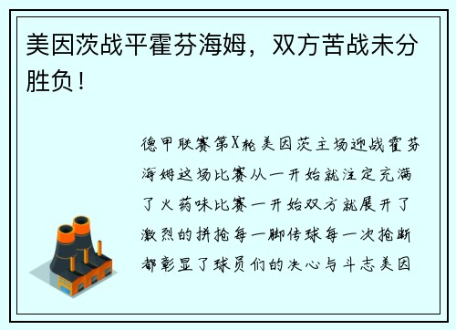美因茨战平霍芬海姆，双方苦战未分胜负！
